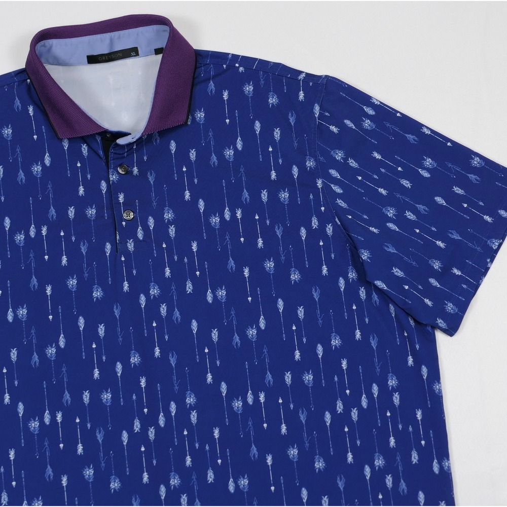 Greyson Mens XL Arrow AOP Performance Polo Shirt Blue Luxury Golf Pique Collar